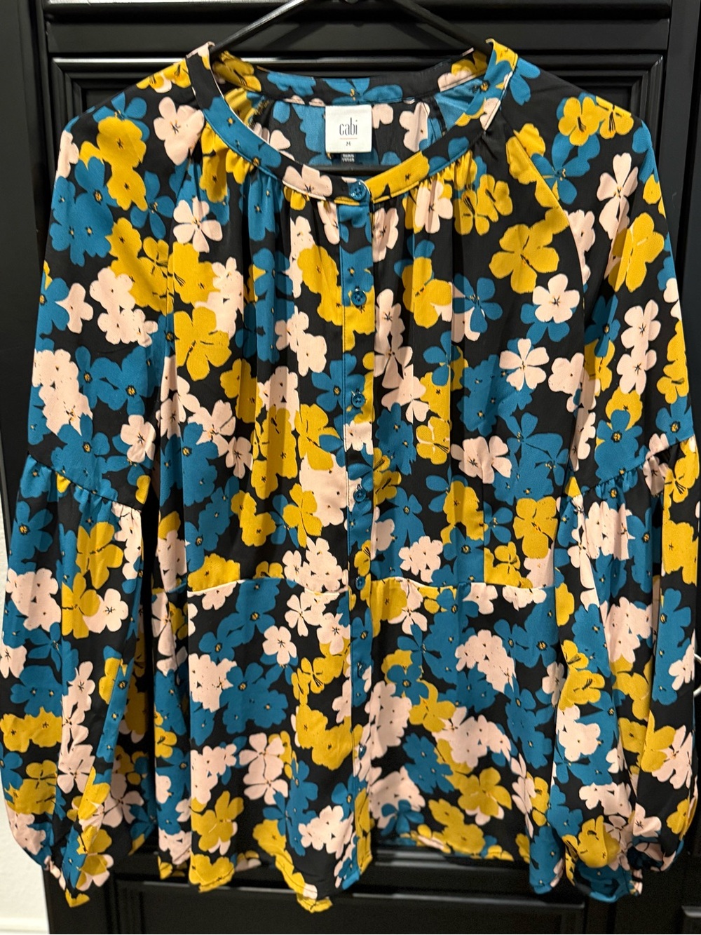 CAbi Floral Button-Front Blouse — Teal, Mustard & Blush